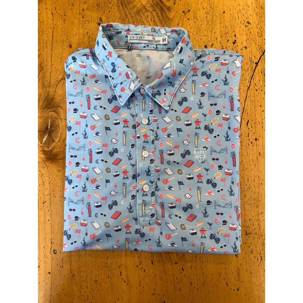 Criquet Performance Polo XL Light Blue Golf BBQ Novelty Print Short Sleeve Shirt